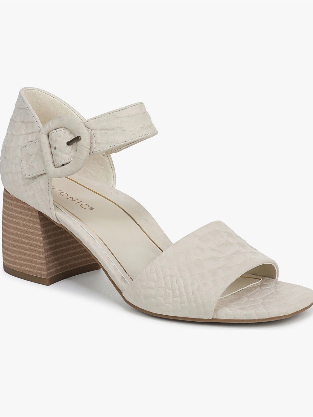 Vionic Chardonnay Sandal Textured Ankle Strap Block Heel in Beige, New, 9.5 W